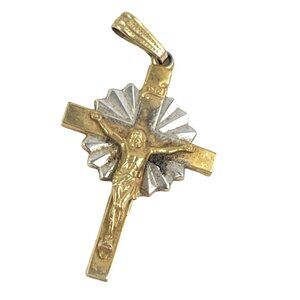 Gold Filled Sterling Retro Crucifix Pendant Gold Silver Intricate Design